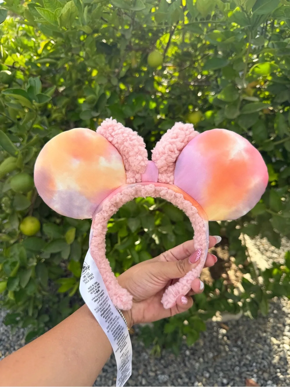 Pink Sherpa Minnie Ear Headband with Pastel Tie-Dye Ears